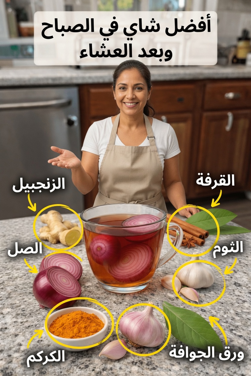 وصفة شاي الصباح وبعد العشاء بالزنجبيل والكركم والبصل والثوم والقرفة وورق الجوافة